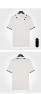 Front and back views of a white men's knit polo shirt with black contrast tipping details