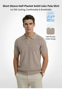 Men's premium ice silk knit polo shirt with short sleeves and cooling fabric detail