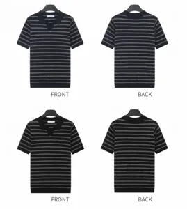 Detailed front and back views of men's navy and black striped ice silk knit polo shirts.