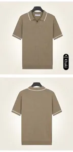 Front and back view of men's camel short-sleeved knit shirt with textured fabric.