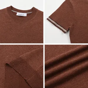 Four-panel detail view of a men's brown short-sleeve knitted T-shirt with round neck.