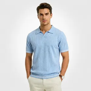 Men Short Sleeve Ice Silk Knit Polo Shirt Ribbed Vertical Stripe Seagull Collar Business Casual Top For Summer
