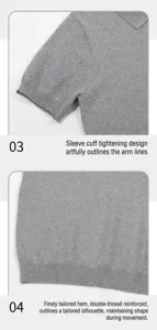 Macro detail view of the knit texture and ribbed cuffs on a men's grey polo shirt