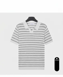Detailed view of white striped knit polo shirt for men with breathable ice silk texture.