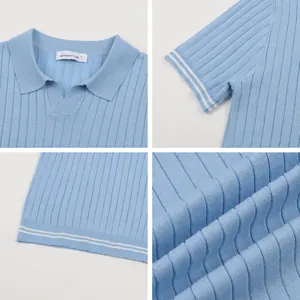 Men's ice silk polo shirt details: seagull collar, elastic cuffs, and ribbed fabric texture.