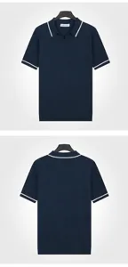 Front and back detail of a men's navy blue ice silk knit polo shirt with white trim