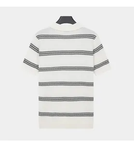 Back view of men's cream striped ice silk polo shirt for business casual style