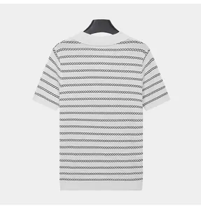 Back view of a men's white striped knit polo shirt with breathable honeycomb texture.
