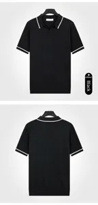 Front and back views of a men's black ice silk knitted polo shirt with white trim