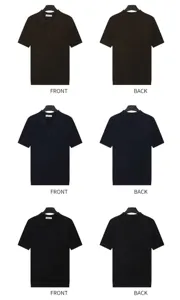 Front and back views of short-sleeved knitted Polo shirts in brown, navy, and black colors.