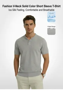 Detail view of men's knitted Henley shirt showing cooling fabric and V-neck collar