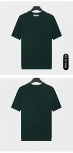 Detail showing front and back view of dark green ribbed knit short sleeve t-shirt for men