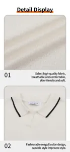 Detailed macro view of white ice silk knit fabric and stylish seagull collar for men's polo shirt