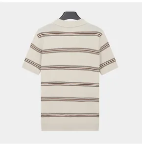 Back view of a men's striped knit Polo shirt with a cream and brown pattern.