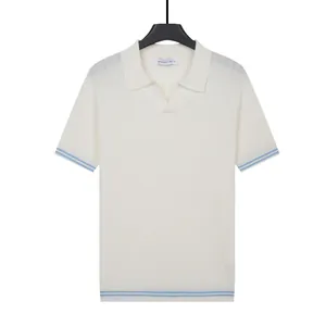 Premium off-white short sleeve knitted polo shirt with light blue striped cuffs and hem