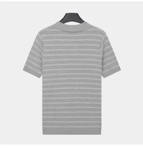 Back view of a grey striped knitted men's Polo shirt showing high-quality fine texture