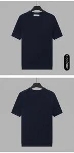 Detailed front and back views of a men's navy blue ribbed knit short sleeve T-shirt