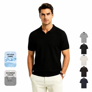 Polo da Uomo in Maglia di Seta di Ghiaccio con Scollo a Gabbiano Estate Traspirante Rinfrescante Tinta Unita Manica Corta Business Casual