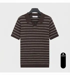 Detailed view of men's coffee brown striped knit polo shirt with breathable cool fabric