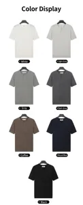 Detailed color options for men's minimalist knitted Henley collar short sleeve T-shirt.