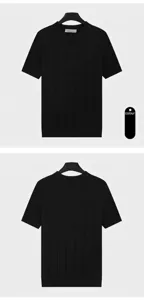 Detailed front and back views of a black men's ribbed knit crew neck ice silk T-shirt
