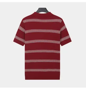 Back view of a red striped ice silk polo shirt with a classic collar for men.
