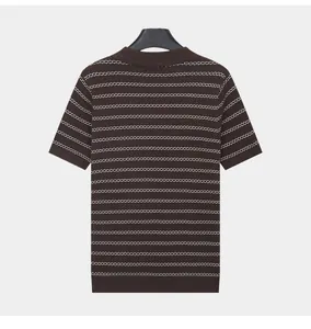 Back view of men's brown striped knit ice silk polo shirt with breathable texture
