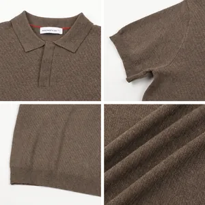 Detailed collage of a brown men's ice silk knit polo shirt with a stylish seagull collar
