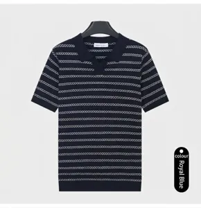 Men's ice silk cool striped knit polo shirt with a seagull collar in navy blue color.
