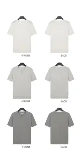Front and back views of men's minimalist Henley neck knitted short-sleeve T-shirts in three colors.