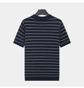 Rear view of a premium men's navy blue and white striped ice silk knit polo shirt