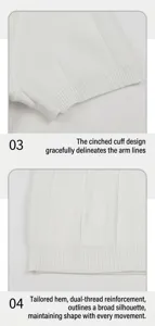 Detailed view showing the ribbed cuffs and reinforced hem of white ice silk knit T-shirt