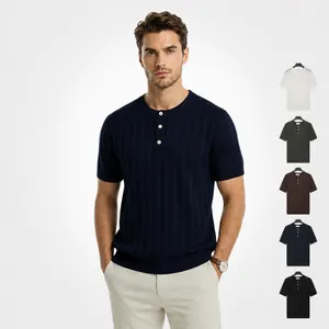 Heren Henley T-Shirt Zomer Ijszijde Gebreid Verticale Strepen Slim Fit Korte Mouw Polo Top Voor Mannen Casual Ademend Bovenkleding
