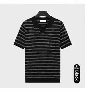 Detailed view of men's black ice silk knit Polo shirt featuring white stripe pattern