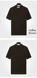 Detail view of men's coffee brown ice silk knit polo shirt showing front and back.