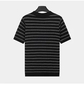 Detailed view of the back of a men's striped knit shirt in black and white ice silk.