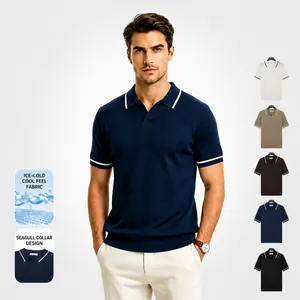 Polo pour Hommes en Soie Glacée Sensation de Fraîcheur Col Mouette Haut en Tricot à Manches Courtes Couleur Unie Respirant Coupe Slim Été