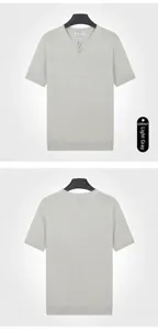 Detailed front and back view of a men's minimalist light grey knit Henley neck T-shirt