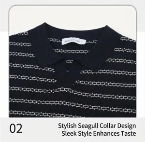 Detail shot showing the stylish seagull collar and navy striped knit texture of the polo shirt.