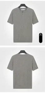 Grey men's knitted Henley neck short sleeve T-shirt front and back view
