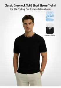 Detail view of men's black ice silk knitted crew neck T-shirt showing fabric texture.