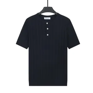 Premium gebreid herenshirt met korte mouwen, Henley-kraag en geribbelde textuur in marineblauw