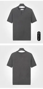 Detailed front and back views of a dark grey men's short-sleeve knitted Henley shirt.