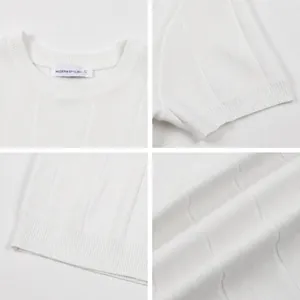 Detailed view of white ribbed knit t-shirt with crew neck and elastic cuffs details.