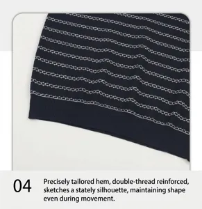 Close-up detail showing the double-stitched reinforced hem of a navy blue striped polo shirt.