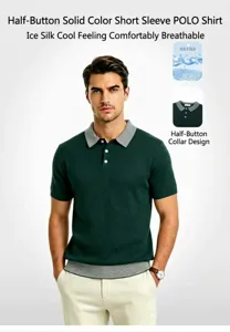 Premium men's knit polo shirt featuring a contrast striped collar and ice-cool fabric texture