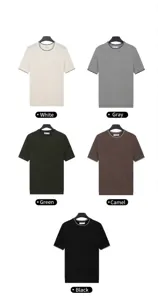 Overview of men's knit short sleeve shirts in five colors: white, grey, green, camel, black