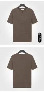 Front and back views of a classic brown men's Henley neck knitted short-sleeve T-shirt