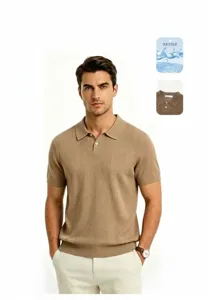 Premium men's ice silk knit Polo shirt featuring a seagull collar and solid khaki color.
