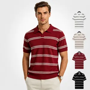 Men Old Money Striped Polo Shirt Short Sleeve Ice Silk Knitted Seagull Collar Business Casual Top White Black Burgundy Off-white Breathable Soft Fashion Men Clothing